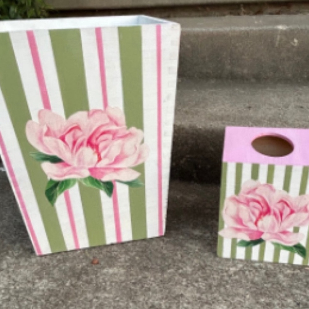 Girls Wooden Rose Wastebasket and Tissue Cover Baby Shower Gift, Rose Trashcan